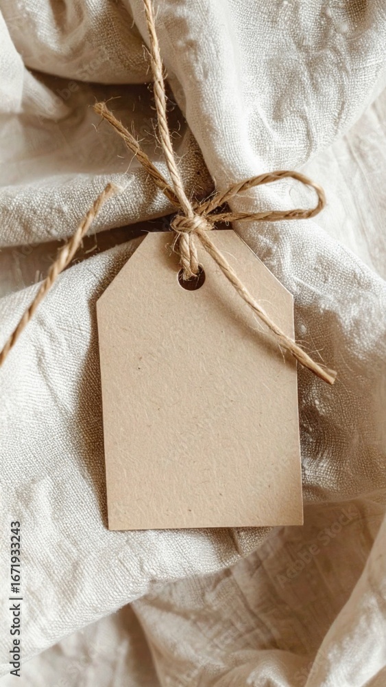 Poster blank cardboard tag tied with string on neutral linen background flat lay