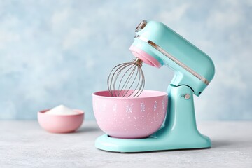 Pastel Turquoise Stand Mixer with Pink Bowl and Whisk, on Light Gray Countertop, with matching bowl of sugar and blue cloud background