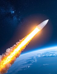 Fototapeta premium Rocket Launching Into Space with Earth View and Fiery Exhaust Plume Stars Above
