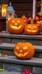 Obraz premium Glowing Jack O Lanterns on Steps with Autumn Leaves in Festive Halloween Arrangement