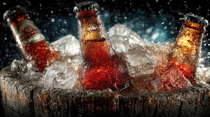 Cold beer bottles in an ice-filled wooden barrel