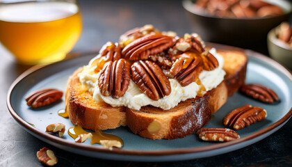enjoy a delightful breakfast featuring a slice of toast generously topped with cream cheese honey drizzle and crunchy pecans perfect for a morning treat