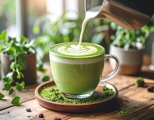 抹茶ラテにミルクを注ぐ瞬間