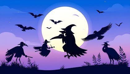 Silhouetted witches and birds against a large moon, set in a nighttime landscape