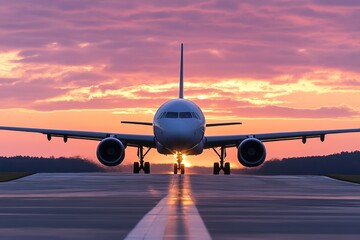 Obraz premium Airplane on runway during sunset with dramatic sky creating powerful travel and aviation scene