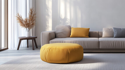 Soft hexagonal or circular pouf in textured yellow fabric, positioned near a minimalist couch, combining modern design with cozy, stylish living room decor.