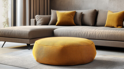Soft hexagonal or circular pouf in textured yellow fabric, positioned near a minimalist couch, combining modern design with cozy, stylish living room decor.