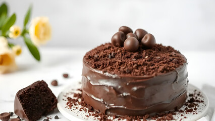 dark full chocolate cake isolated on white background, Generative AI