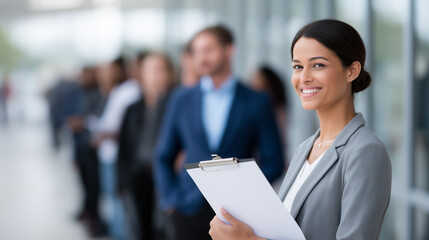 Diverse group of models in agency office with city view