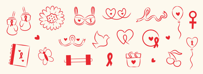 Breast cancer awareness month elements collection. Sticker set for oncology fighters. Icon collection in red color. Line art doodles for poster, social media, sticker, printables, banner, infographic.