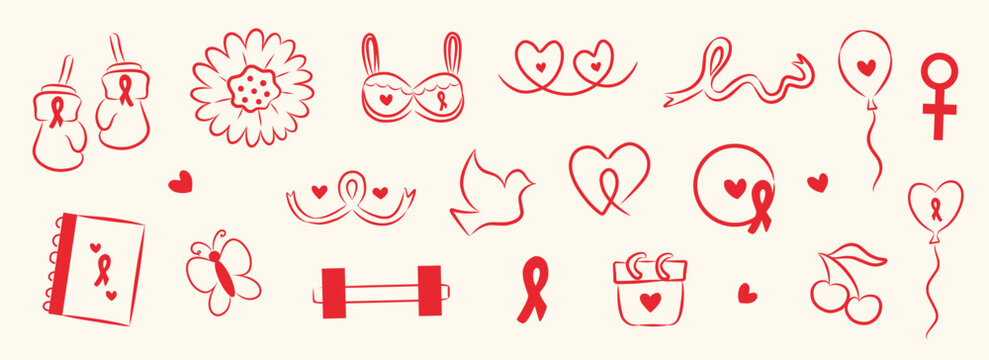 Breast cancer awareness month elements collection. Sticker set for oncology fighters. Icon collection in red color. Line art doodles for poster, social media, sticker, printables, banner, infographic. - Powered by Adobe