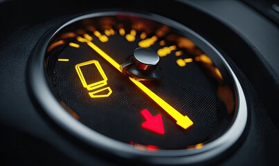 Close-up view of an illuminated car dashboard gauge showing low fuel and a downward arrow
