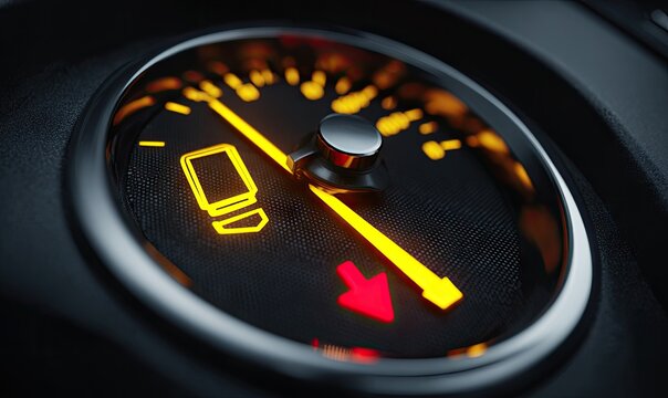 Close-up view of an illuminated car dashboard gauge showing low fuel and a downward arrow