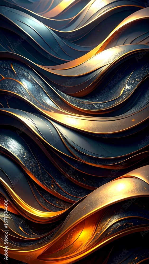 Aufkleber abstract golden metallic wavy pattern with dark blue background and smooth dynamic curves