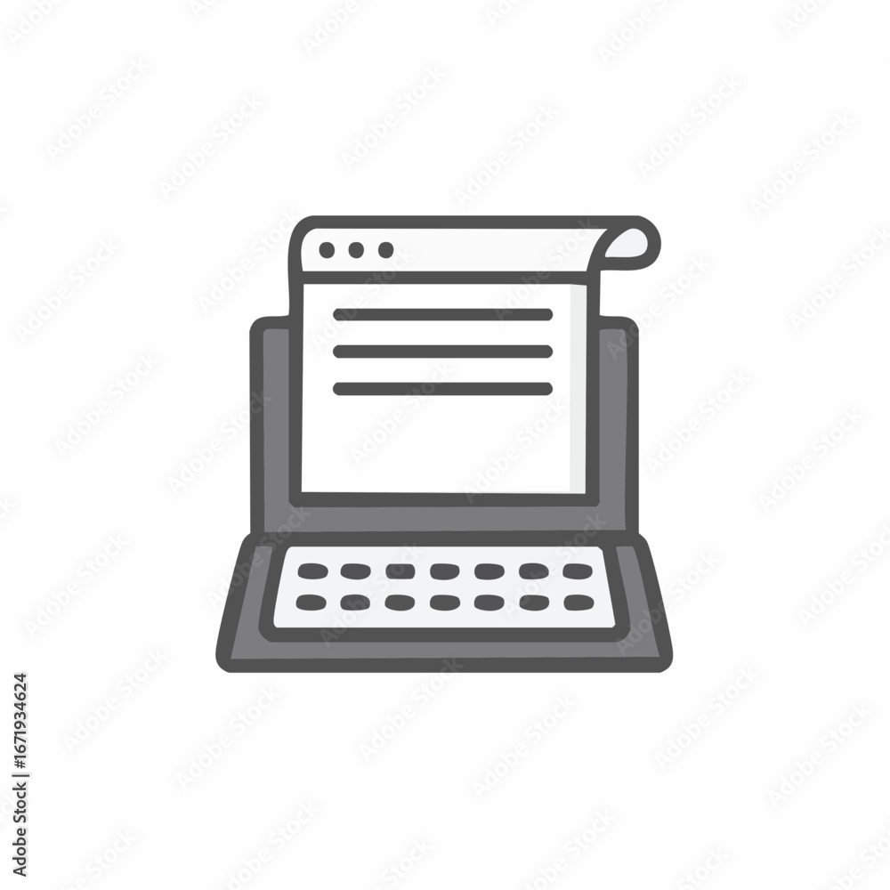 Poster line art laptop computer showing a curled text document page on screen