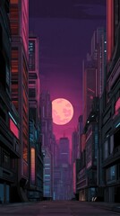 Obraz premium Futuristic city street at night. Pink moon