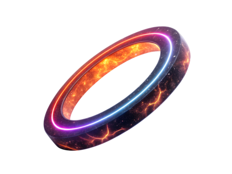 Dynamic cosmic ring with fiery energy and glowing neon light, perfect for sci-fi themes, Isolated on white background.