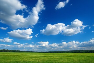Fototapeta premium Green meadow under blue sky with fluffy white clouds