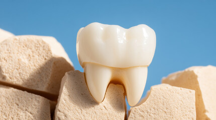 Tooth on a rock background, highlighting dental health concepts.