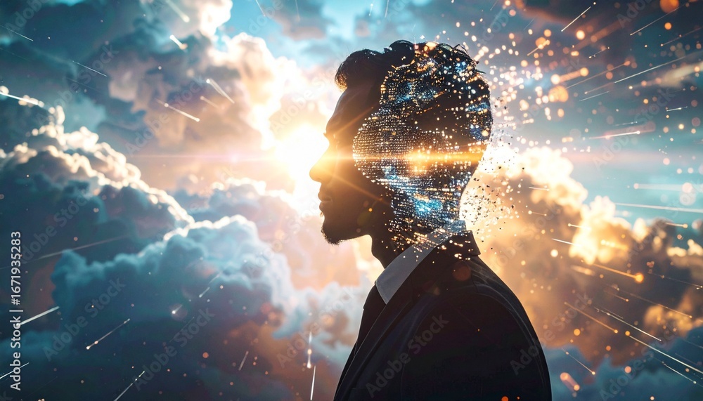Poster a businessman silhouette dissolving into pixels and connecting with a bright abstract digital cloud.