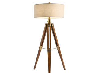 Elegant wooden tripod floor lamp with textured shade provides warm ambient lighting for sophisticated interiors, Isolated on white background.