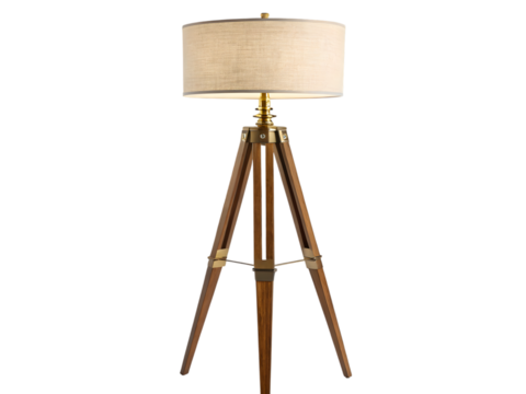 Elegant wooden tripod floor lamp with textured shade provides warm ambient lighting for sophisticated interiors, Isolated on white background. - Powered by Adobe