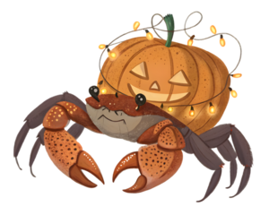 Whimsical crab wears a glowing jack-o'-lantern and festive string lights for Halloween fun, Isolated on white background.