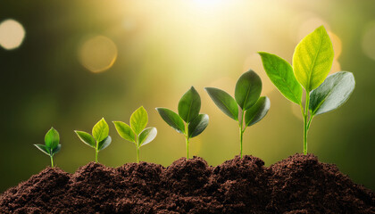 growth stages a symbolic depiction of progress a sequence of five green saplings emerging from the fertile soil each representing a phase of development and evolution