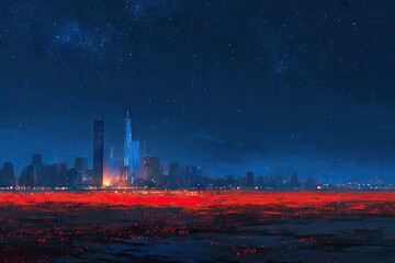 Futuristic city at night, vibrant red field