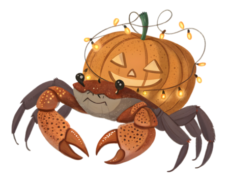 Whimsical crab wears a glowing jack-o'-lantern and festive string lights for Halloween fun, Isolated on white background.