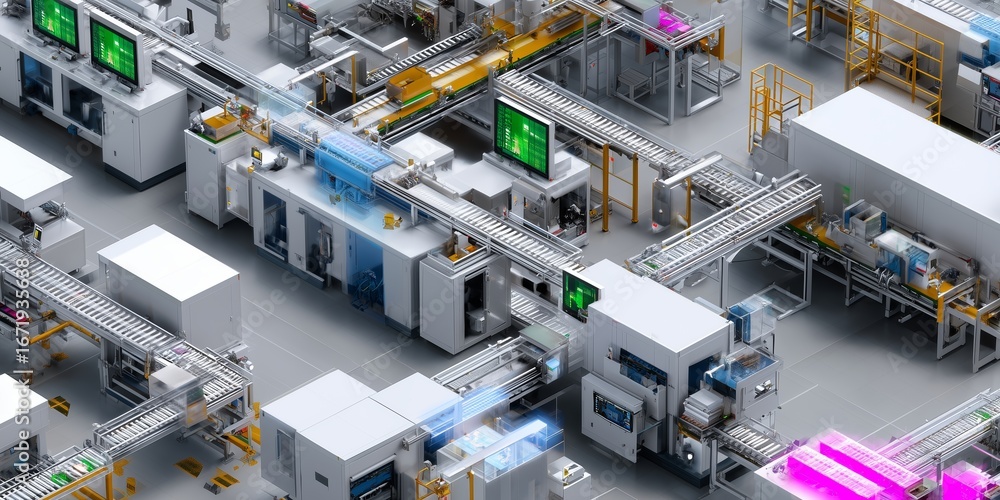 Poster modern automated factory layout displaying advanced machinery and conveyor systems in operation