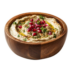 Mutabbal creamy baba ganoush roasted eggplant puree with tahini and lemon served in wooden bowl, garnished with parsley and olive oil, isolated on white transparent background, concept of healthy food