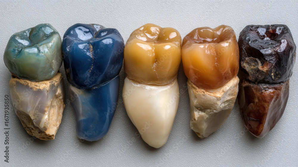 Poster fossilized teeth in various colors and textures arranged in a line.
