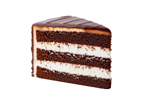 A generous triangular slice of dark chocolate cake with glossy ganache topping & fluffy white cream layers, isolated on a transparent studio background, celebrating decadent indulgence