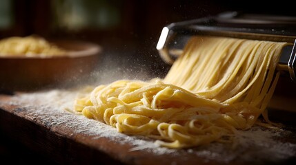 Freshly rolled pasta dough passing through a hine on a wooden table