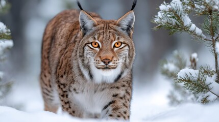 Eurasian lynx walking in snowy forest with intense gaze