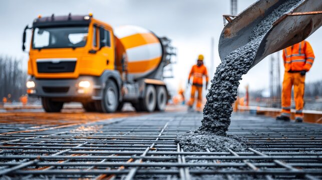 Construction workers pouring concrete from cement mixer truck onto rebar grid