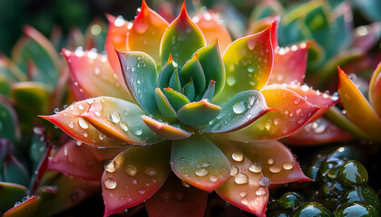 vibrant succulent plant with water droplets on its colorful leaves showcasing gradient of green to yellow and red tips creating fresh and lively appearance