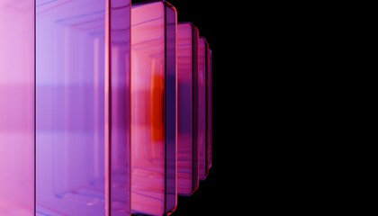 Abstract stacked glass panels in purple and red tones on black background