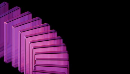Abstract stacked glass panels in purple and red tones on black background