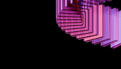 Abstract stacked glass panels in purple and red tones on black background