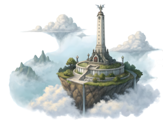 Majestic floating island citadel with a grand tower, waterfalls, and clouds evokes fantasy adventure and epic quests, Isolated on white background.