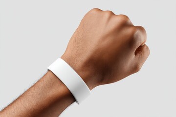A close-up view of a wristband displayed on a person's arm, showcasing a blank, white, wristband against a neutral backdrop.