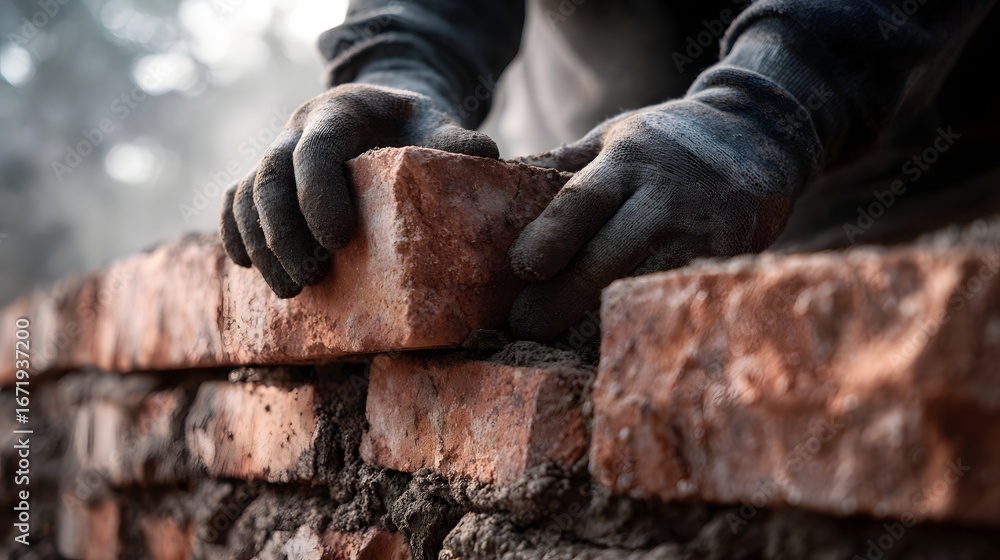 Poster skilled bricklayer constructing an unfinished wall with precision