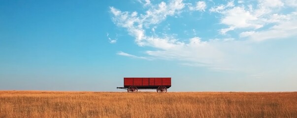 Fototapeta premium Red wagon in golden field, blue sky; rural landscape