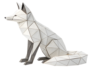 Stunning geometric fox sculpture crafted from modern white panels offers elegant decorative appeal, Isolated on white background.