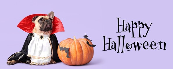 Halloween banner with cute dog in vampire costume and pumpkin on lilac background