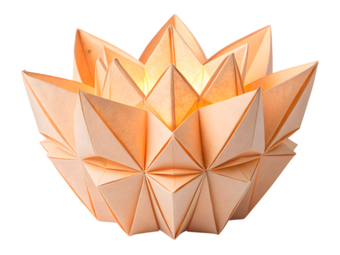 Elegant peach origami lantern radiates warm, inviting glow, perfect for serene ambiance and mindful decor, Isolated on white background.