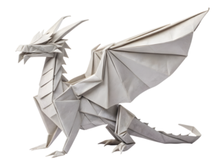 Elegant white origami dragon poised with majestic wings, showcasing intricate paper art mastery and mythical charm, Isolated on white background.
