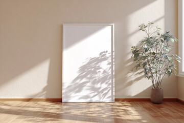 Sunlit room with blank frame and plant shadows on wall and floor minimalist interior design